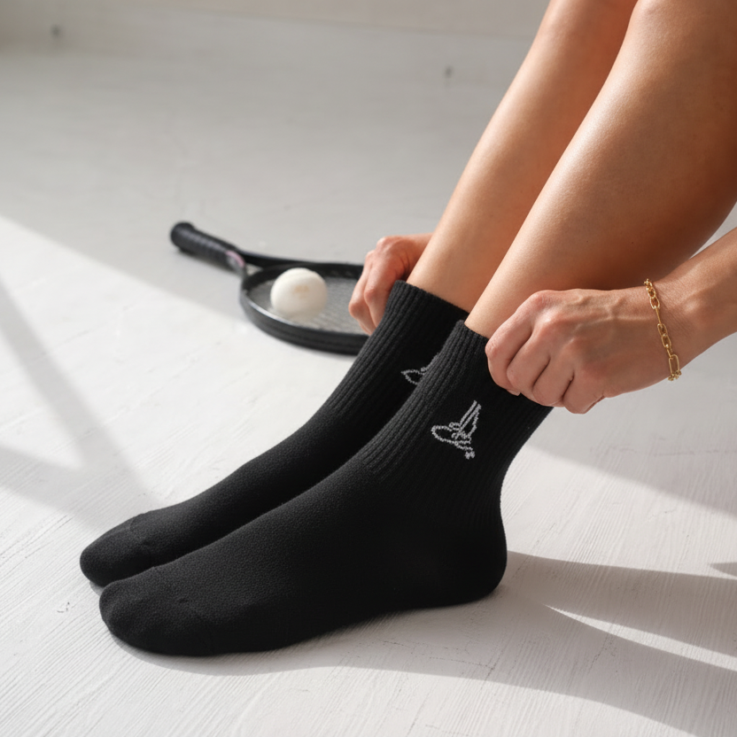 Woman wearing black This Is Paria sport socks with embroidered logo, styled for padel and activewear