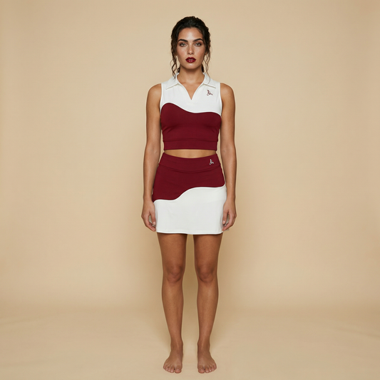 Women’s red and white padel and tennis two-piece set with sleeveless collared top and high-waisted skirt – Scarlet Court Set by This Is Paria