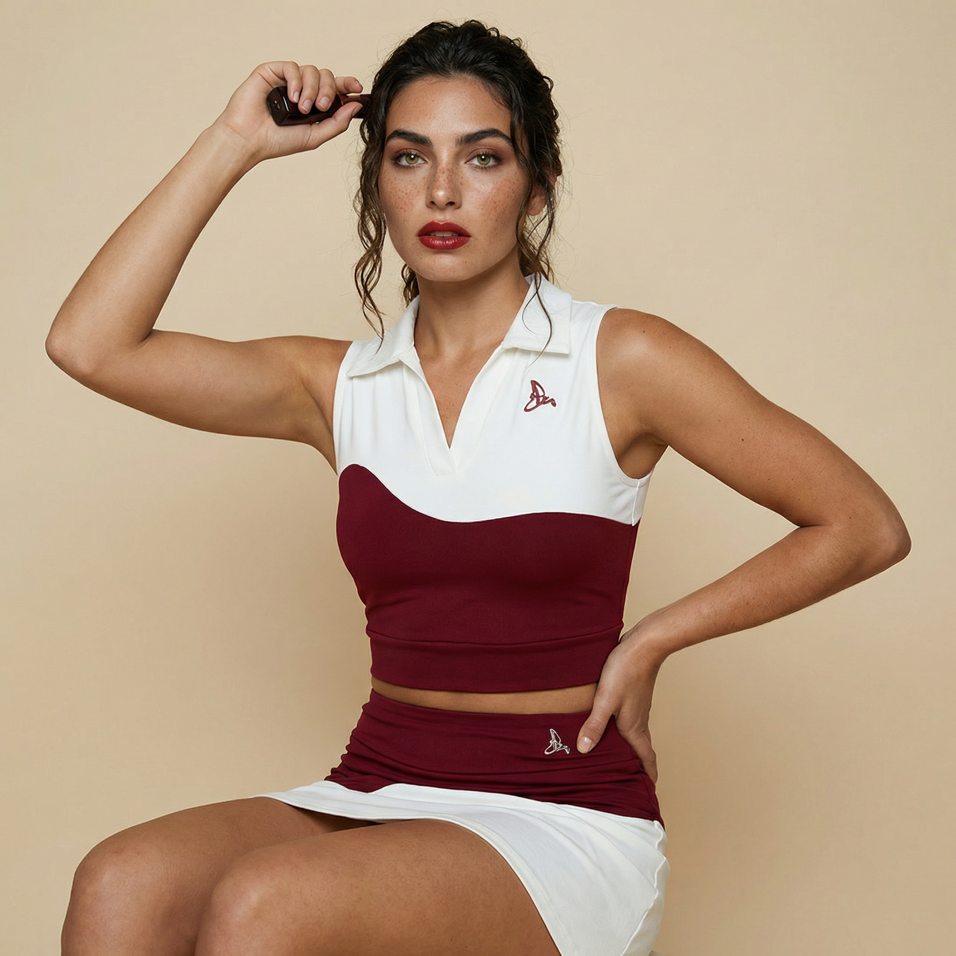 Women’s red and white sport-luxe padel outfit styled for match day – Scarlet Court Set UK